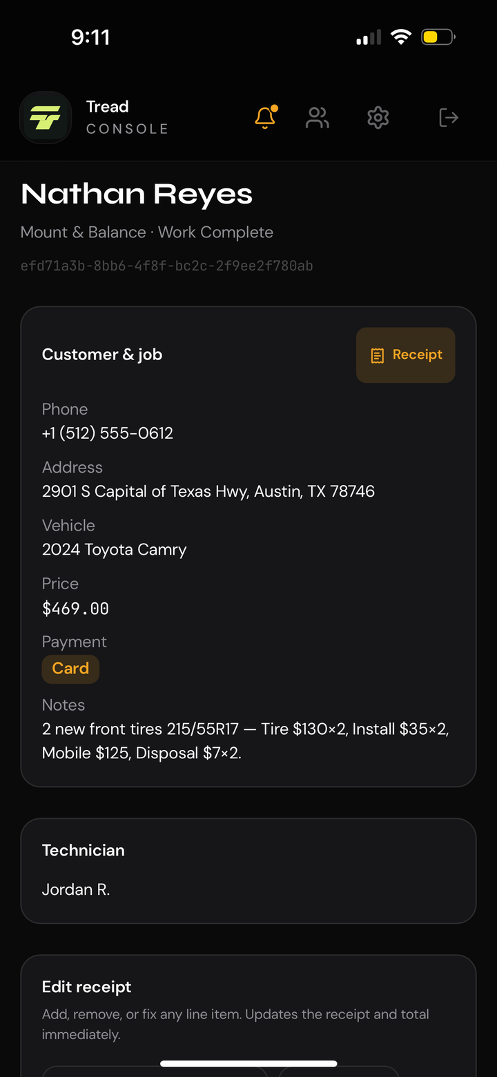 Tread console job receipt and closeout