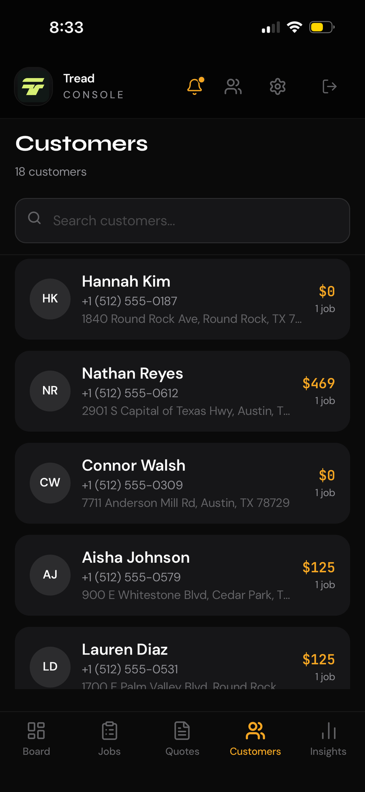 Tread console customer list