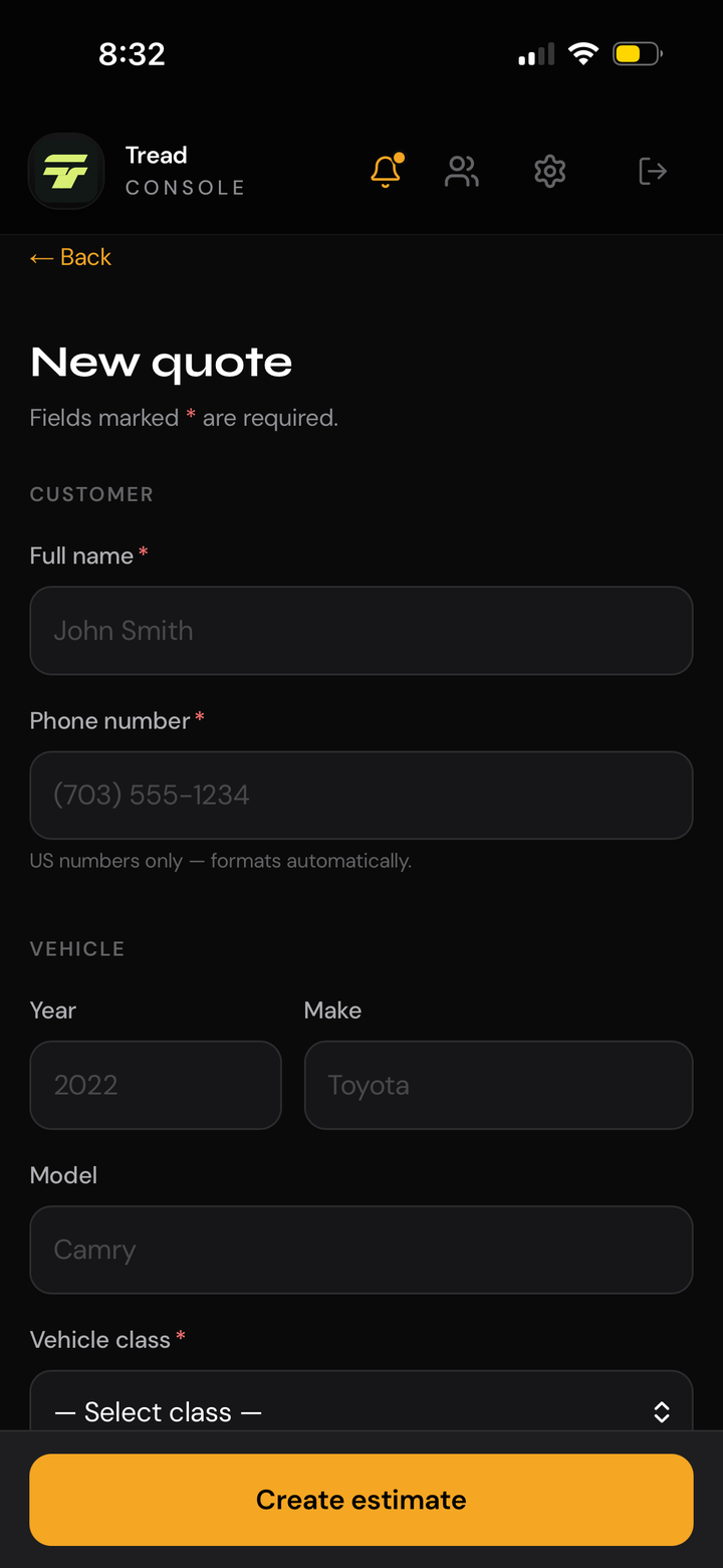 Tread console new quote form